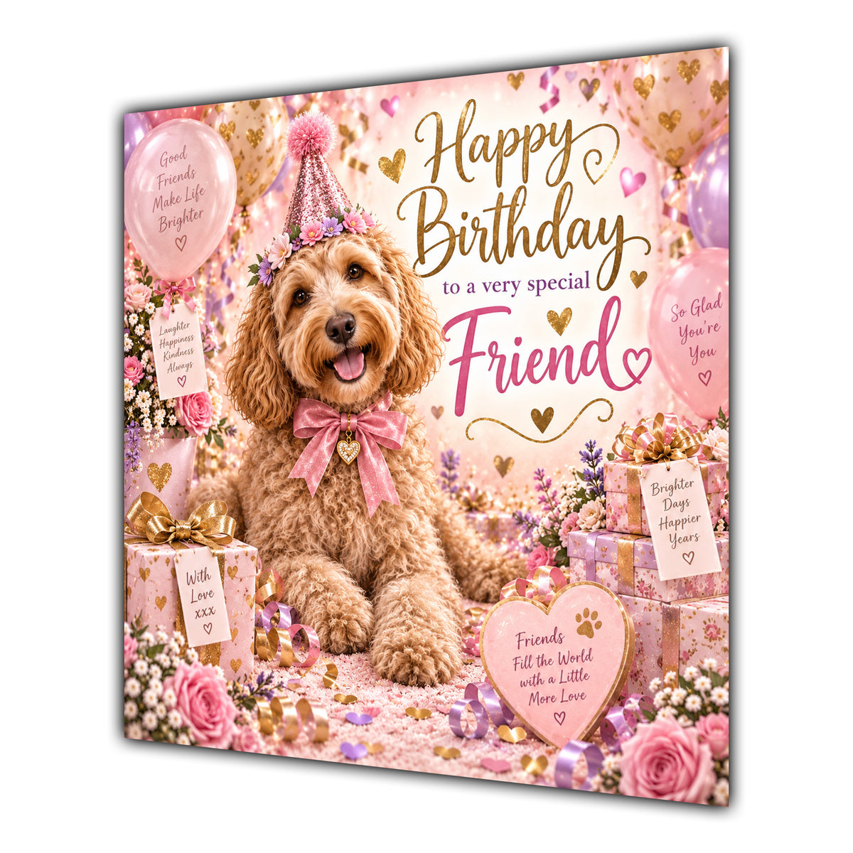 Friend Birthday Card Labradoodle Dog Pink Balloons