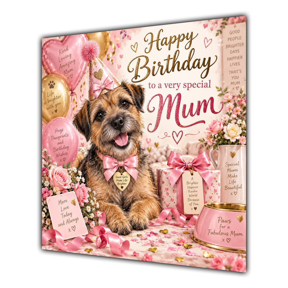 Mum Birthday Card Border Terrier Dog Balloons