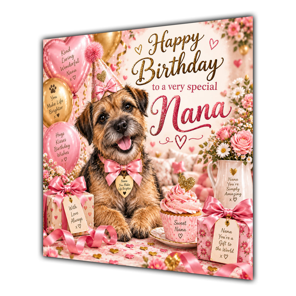 Nana Birthday Card Border Terrier Dog Balloons