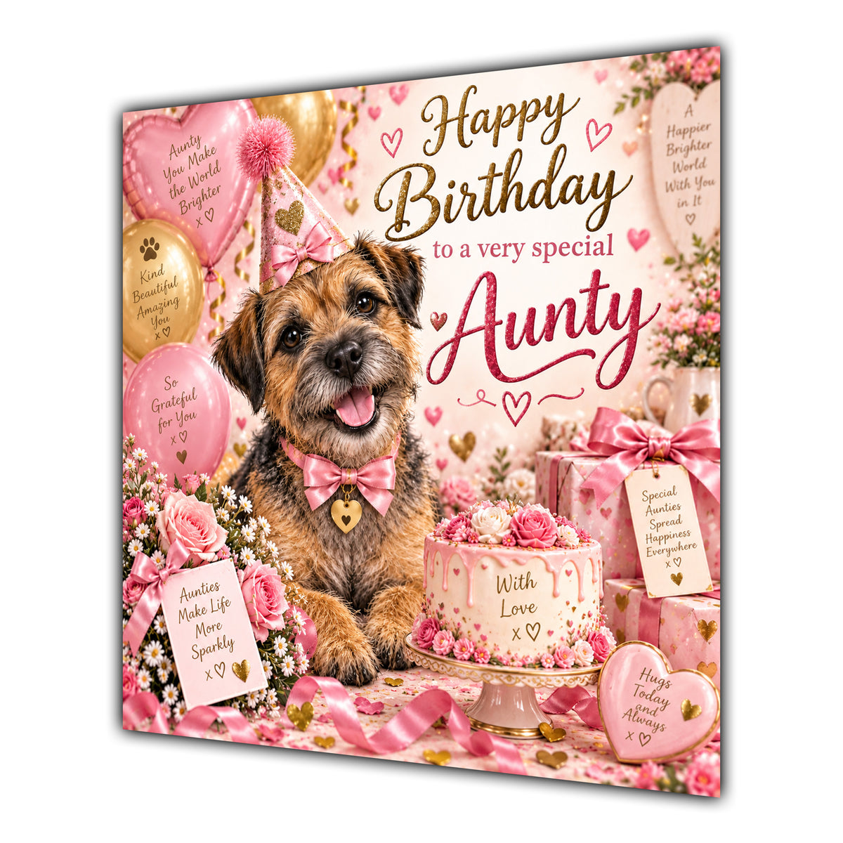 Aunty Birthday Card Border Terrier Dog Balloons
