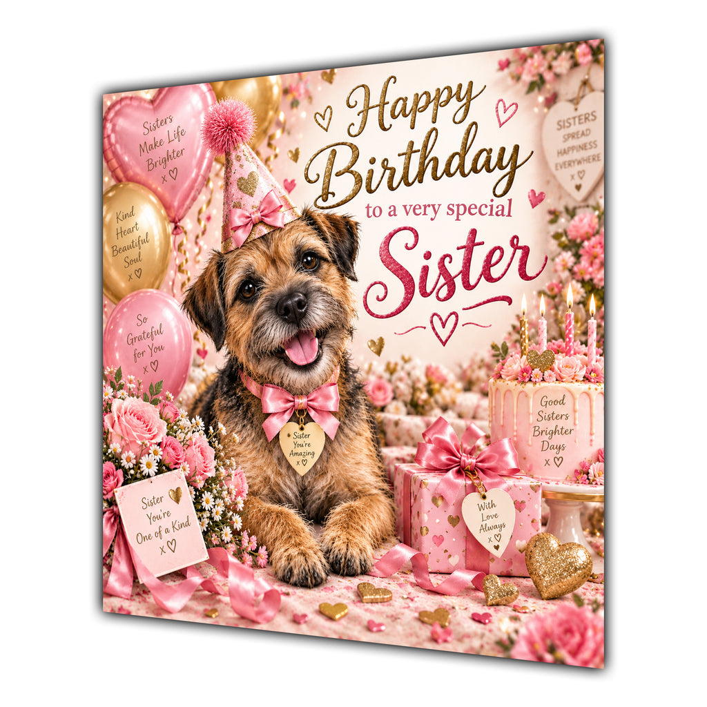 Sister Birthday Card Border Terrier Dog Balloons