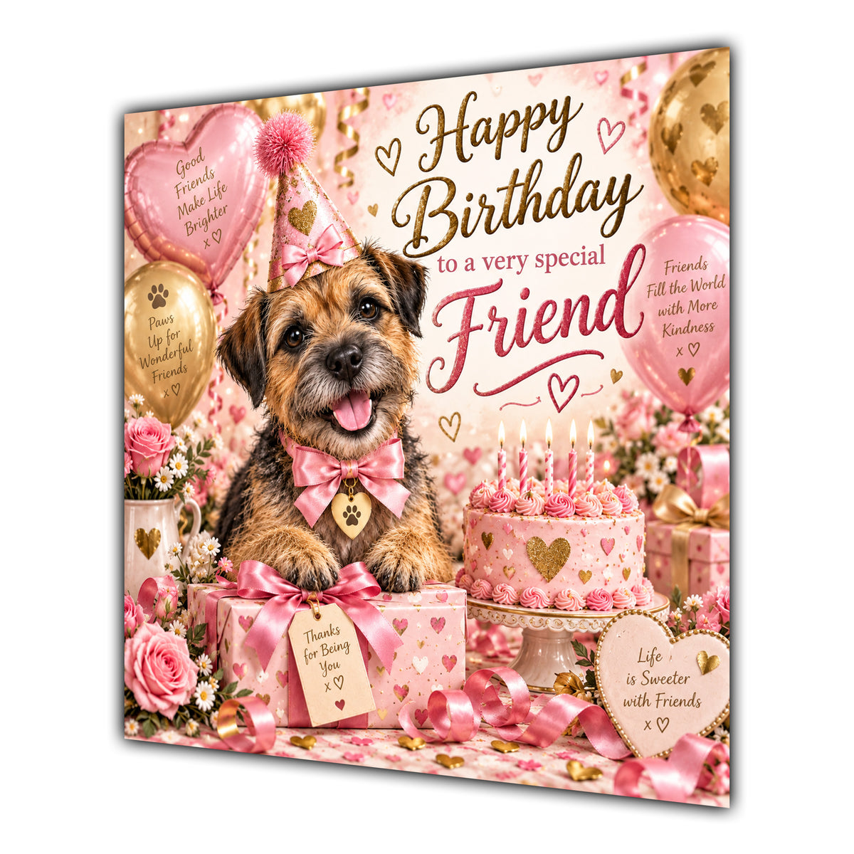 Friend Birthday Card Border Terrier Dog Balloons