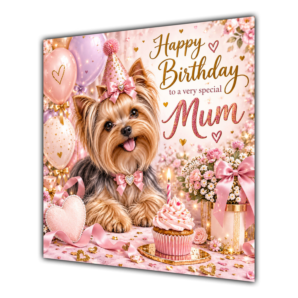 Mum Birthday Card Yorkshire Terrier Dog Balloons
