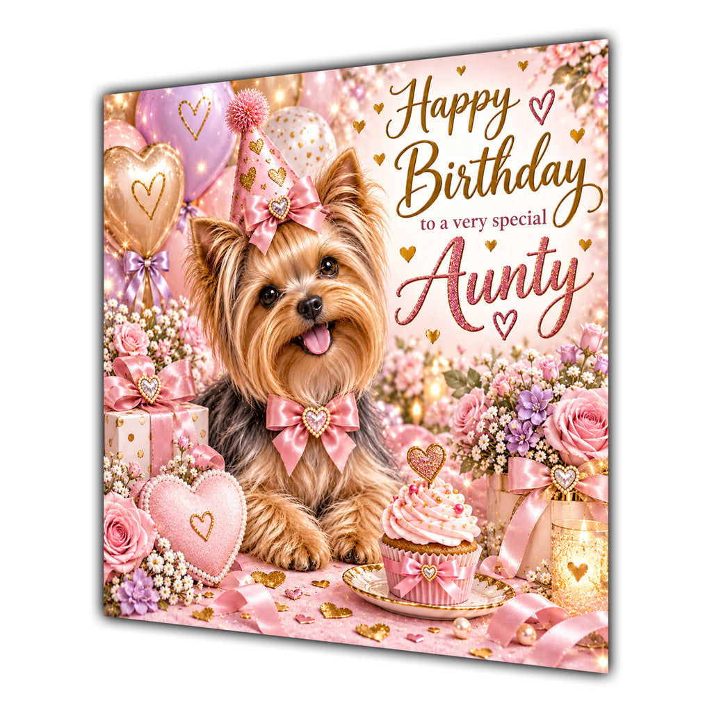 Aunty Birthday Card Yorkshire Terrier Dog Balloons