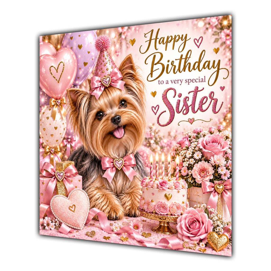 Sister Birthday Card Yorkshire Terrier Dog Balloons