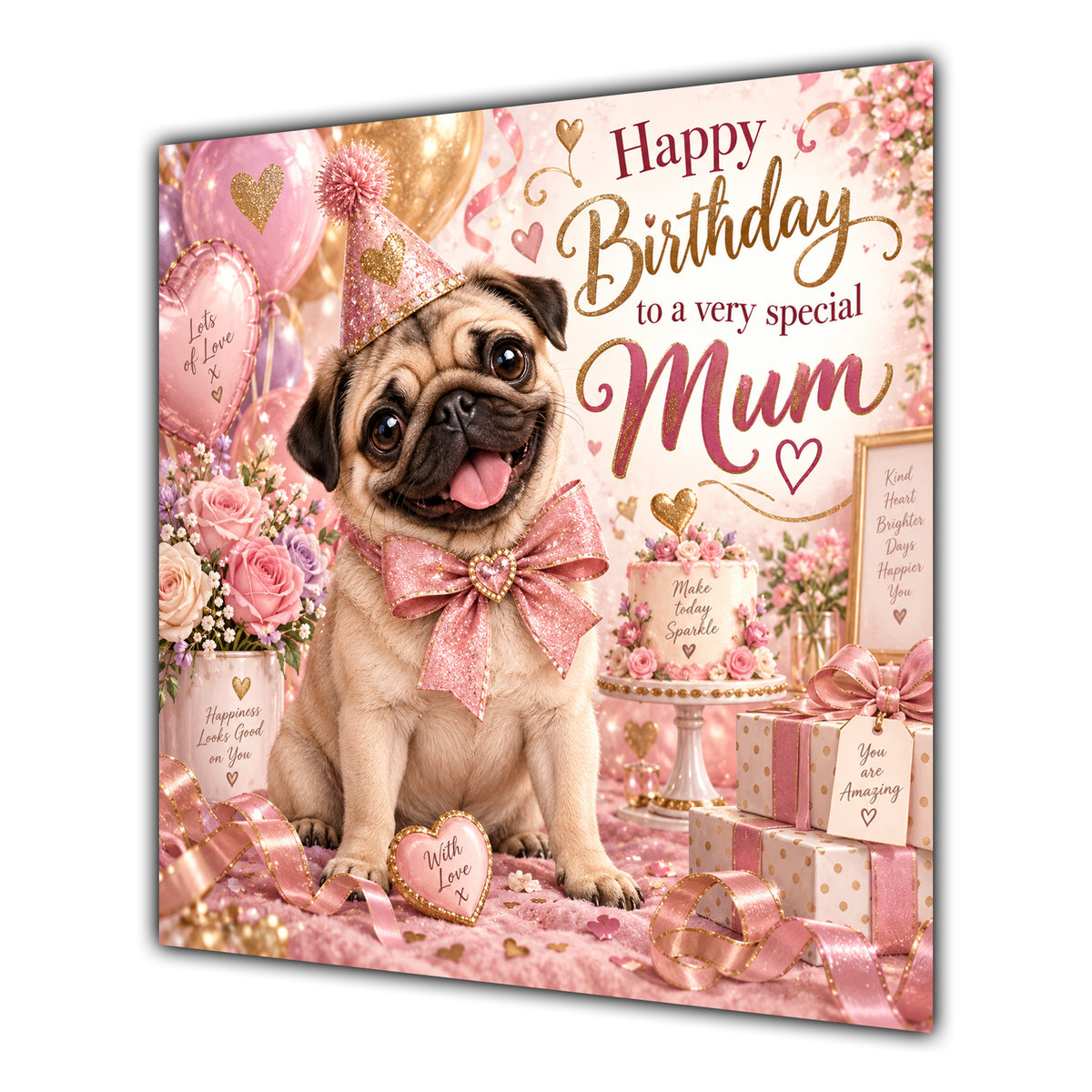 Mum Birthday Card Pug Dog Pink Balloons