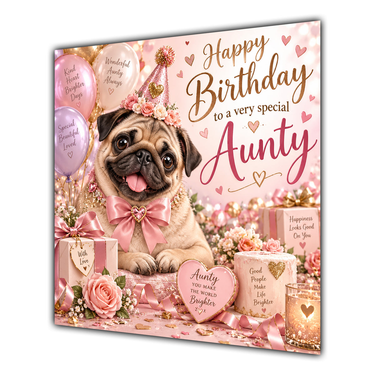 Aunty Birthday Card Pug Dog Pink Balloons