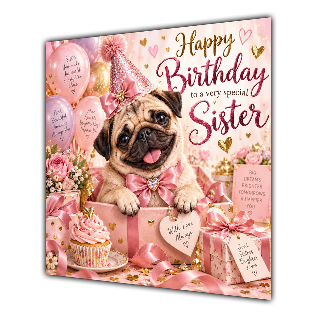 Sister Birthday Card Pug Dog Pink Balloons