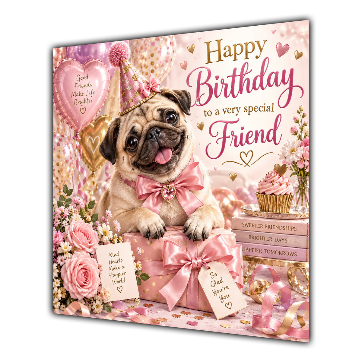 Friend Birthday Card Pug Dog Pink Balloons