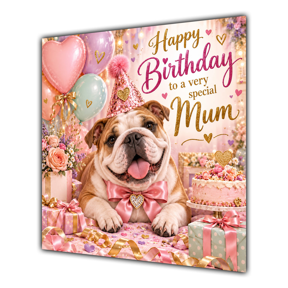 Mum Birthday Card English Bulldog Pink Balloons