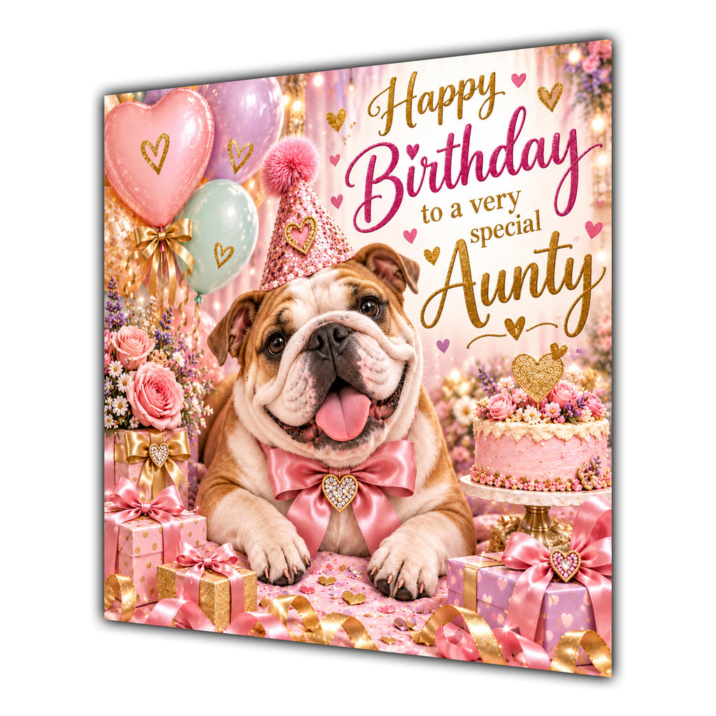 Aunty Birthday Card English Bulldog Pink Balloons