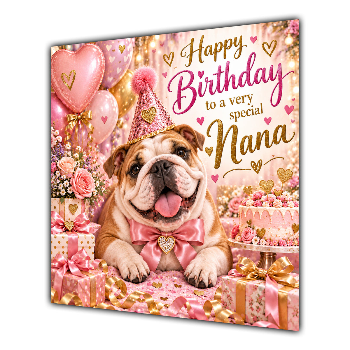 Nana Birthday Card English Bulldog Pink Balloons