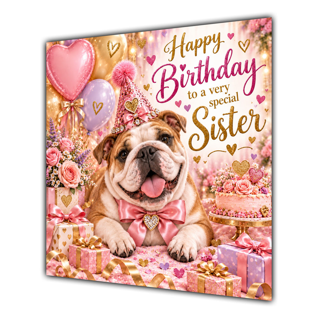 Sister Birthday Card English Bulldog Pink Balloons