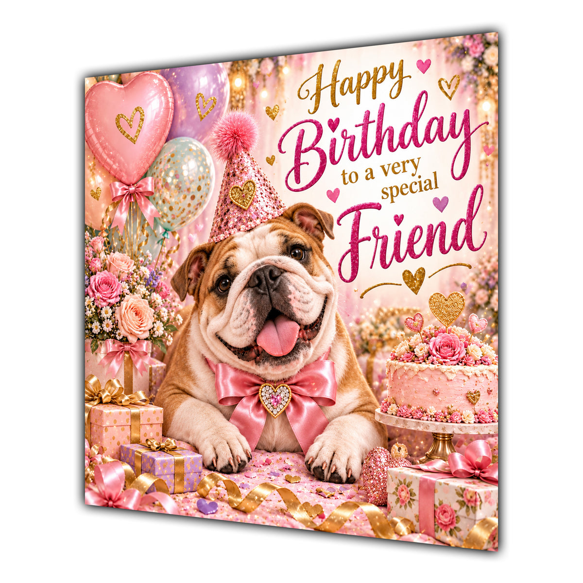 Friend Birthday Card English Bulldog Pink Balloons