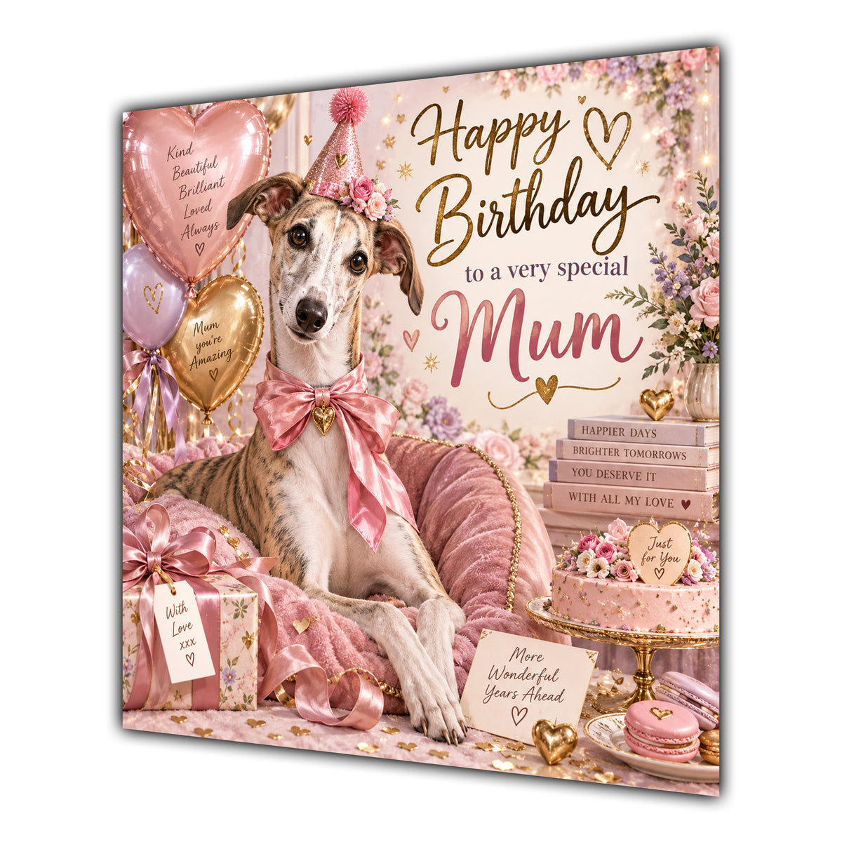 Mum Birthday Card Lurcher Dog Pink Balloons