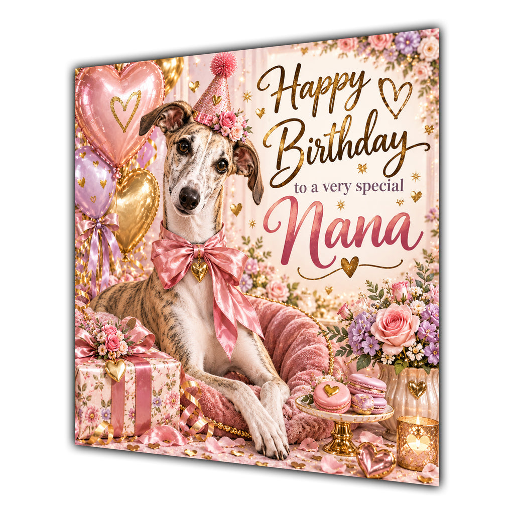 Nana Birthday Card Lurcher Dog Pink Balloons