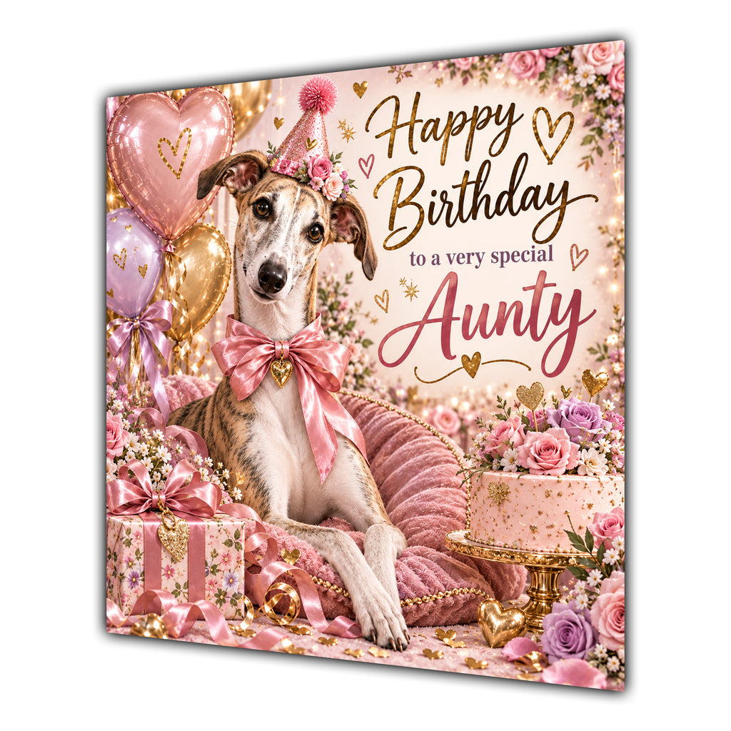 Aunty Birthday Card Lurcher Dog Pink Balloons