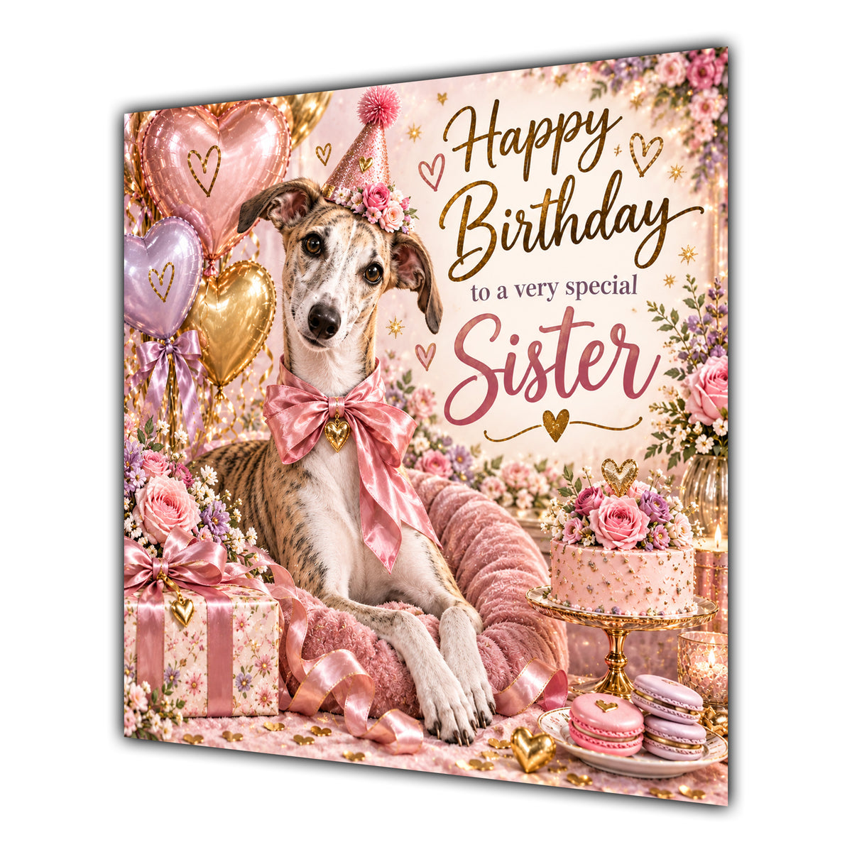 Sister Birthday Card Lurcher Dog Pink Balloons