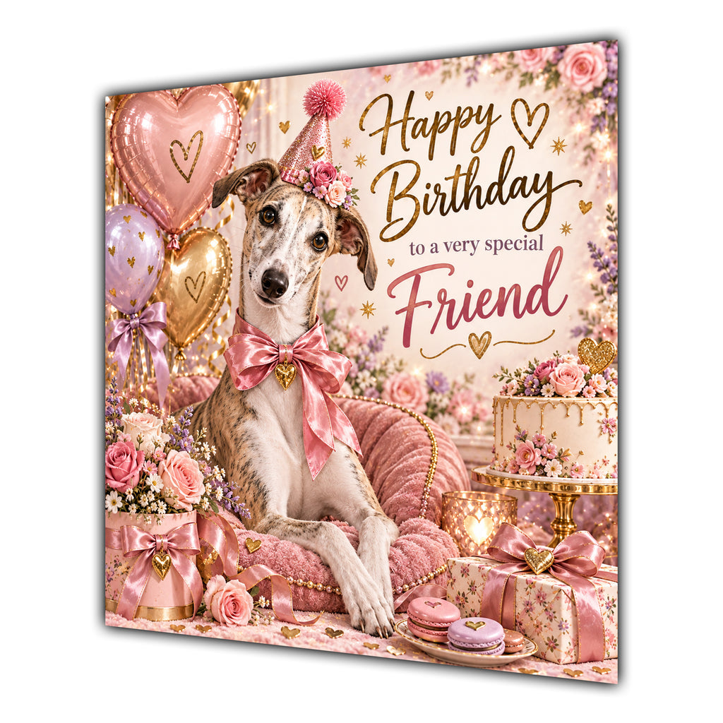 Friend Birthday Card Lurcher Dog Pink Balloons