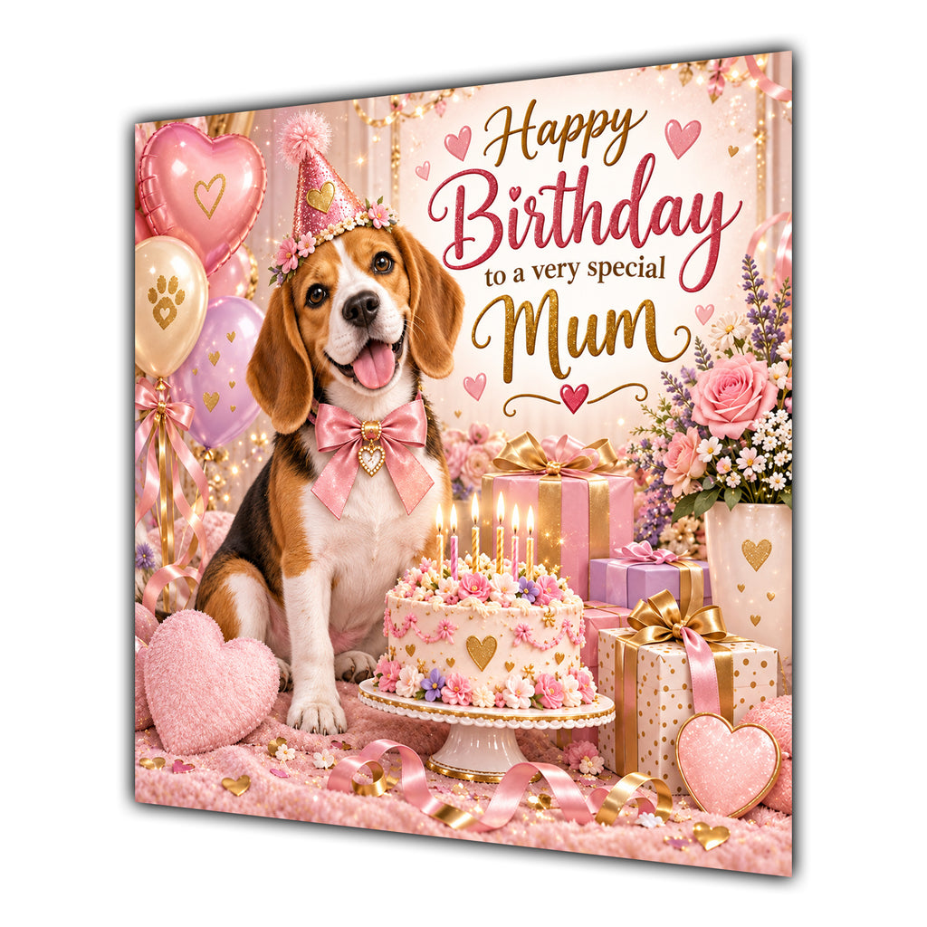Mum Birthday Card Beagle Dog Pink Balloons