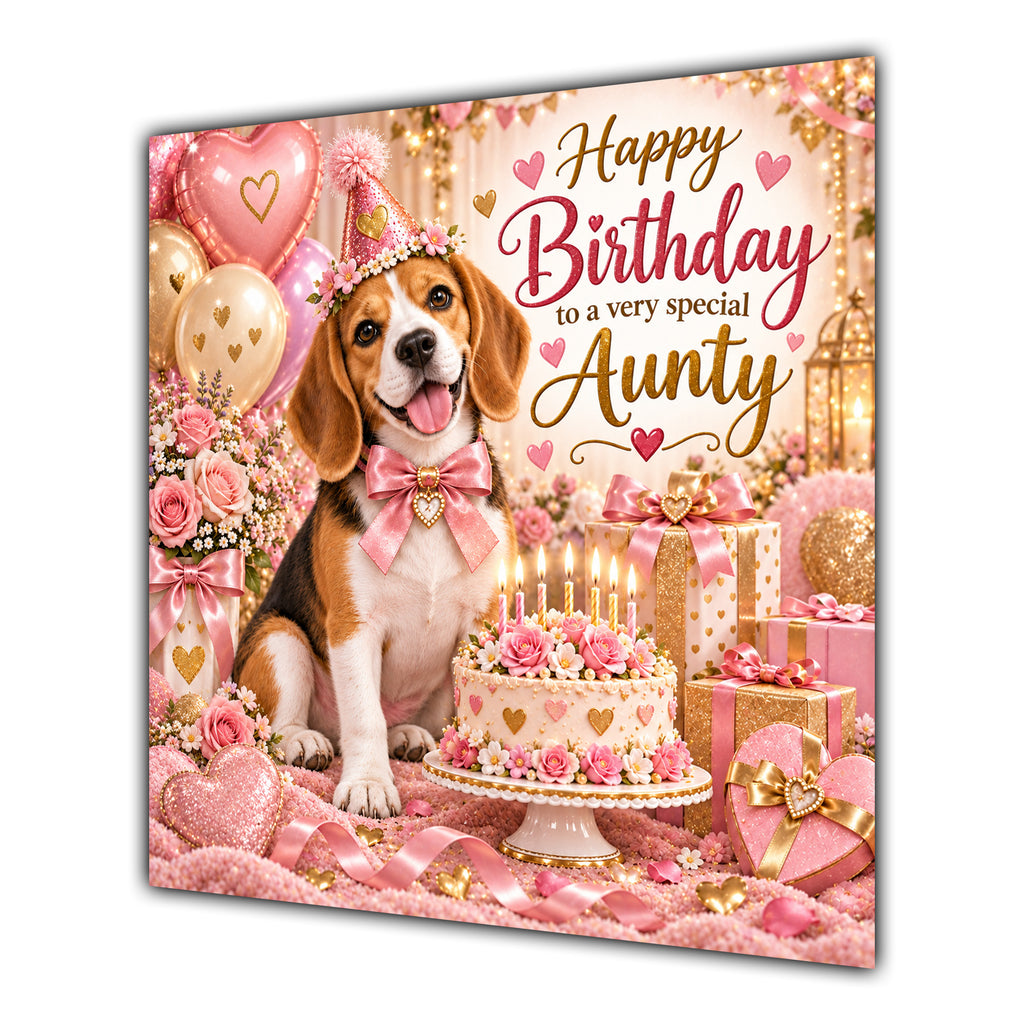 Aunty Birthday Card Beagle Dog Pink Balloons