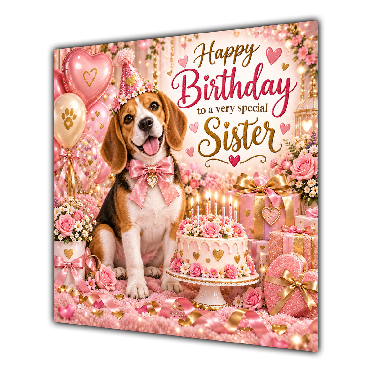 Sister Birthday Card Beagle Dog Pink Balloons