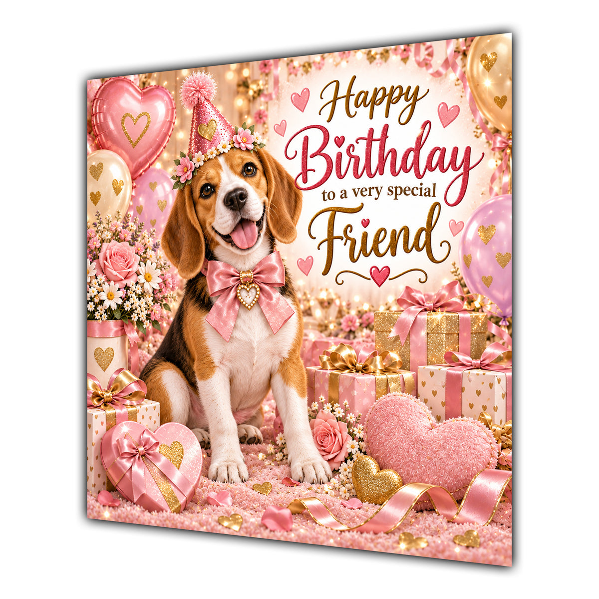 Friend Birthday Card Beagle Dog Pink Balloons