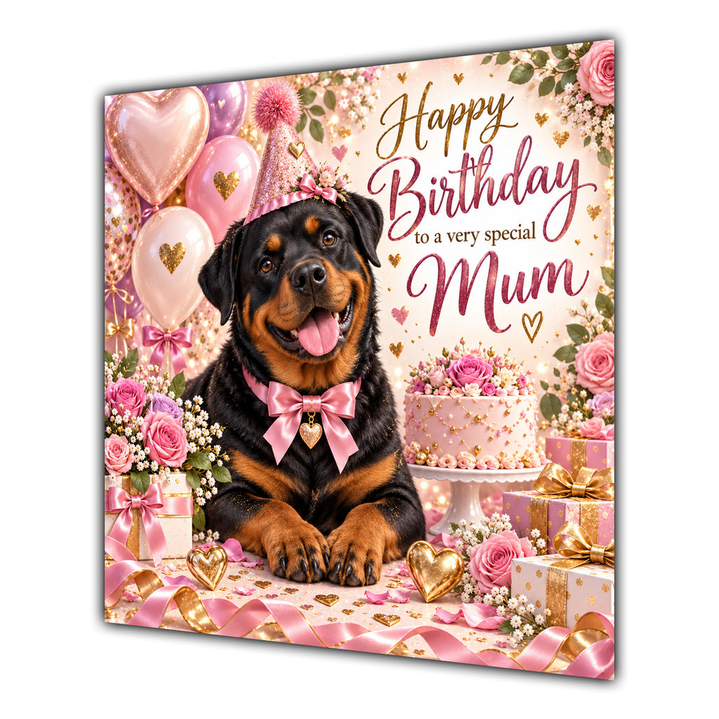Mum Birthday Card Rottweiler Dog Pink Balloons