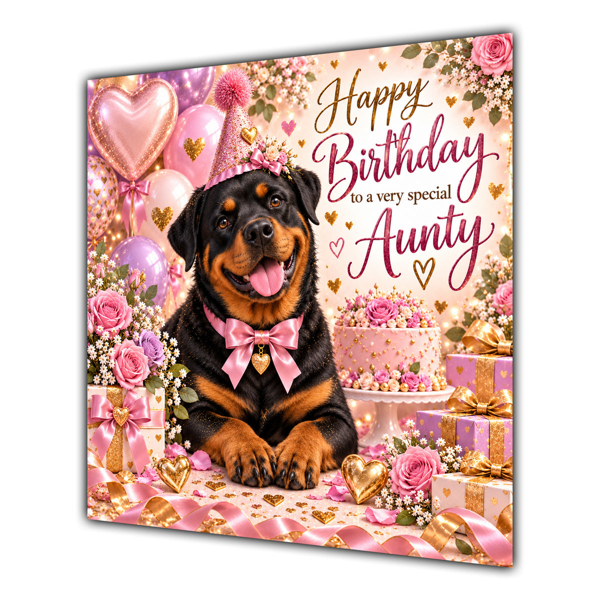 Aunty Birthday Card Rottweiler Dog Pink Balloons