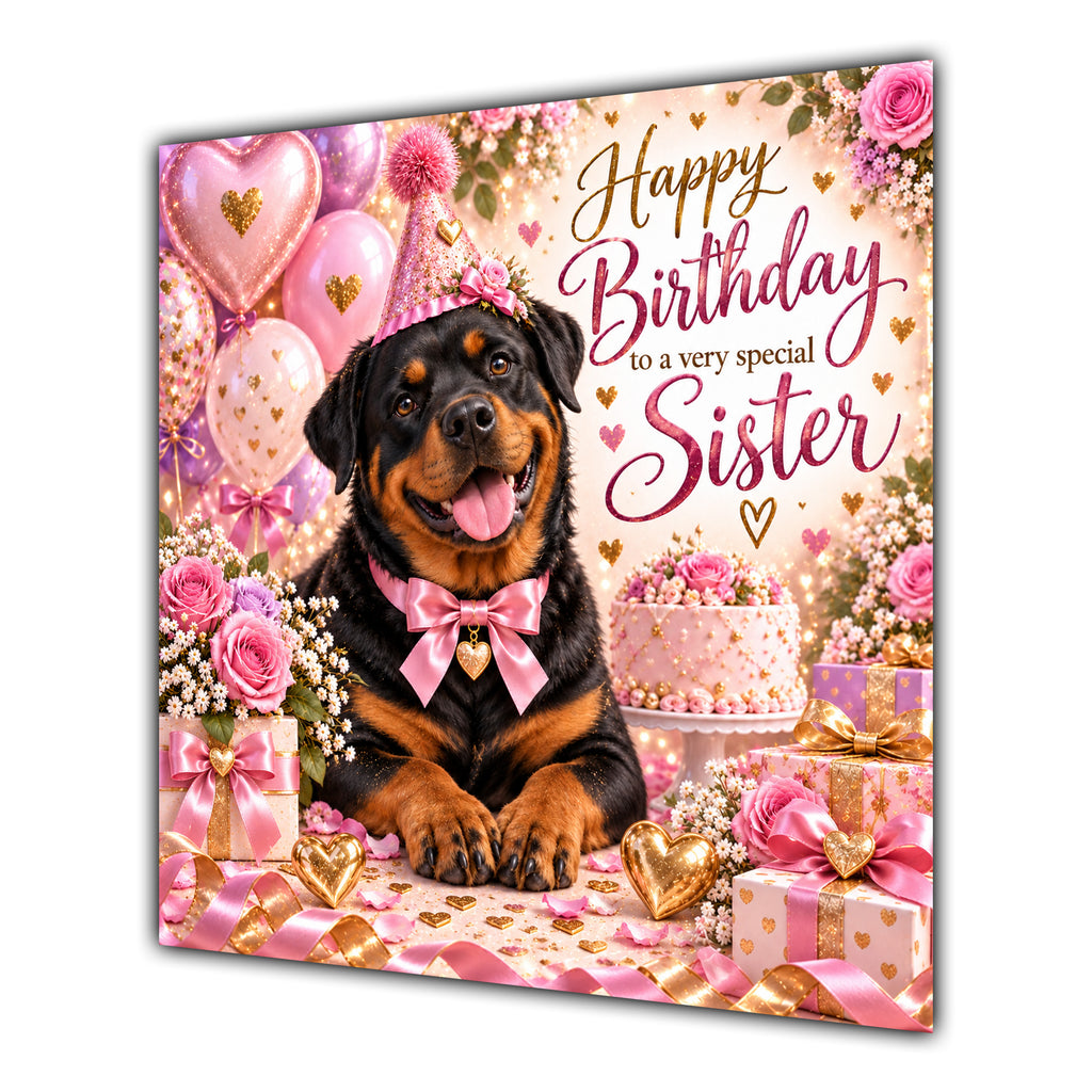 Sister Birthday Card Rottweiler Dog Pink Balloons