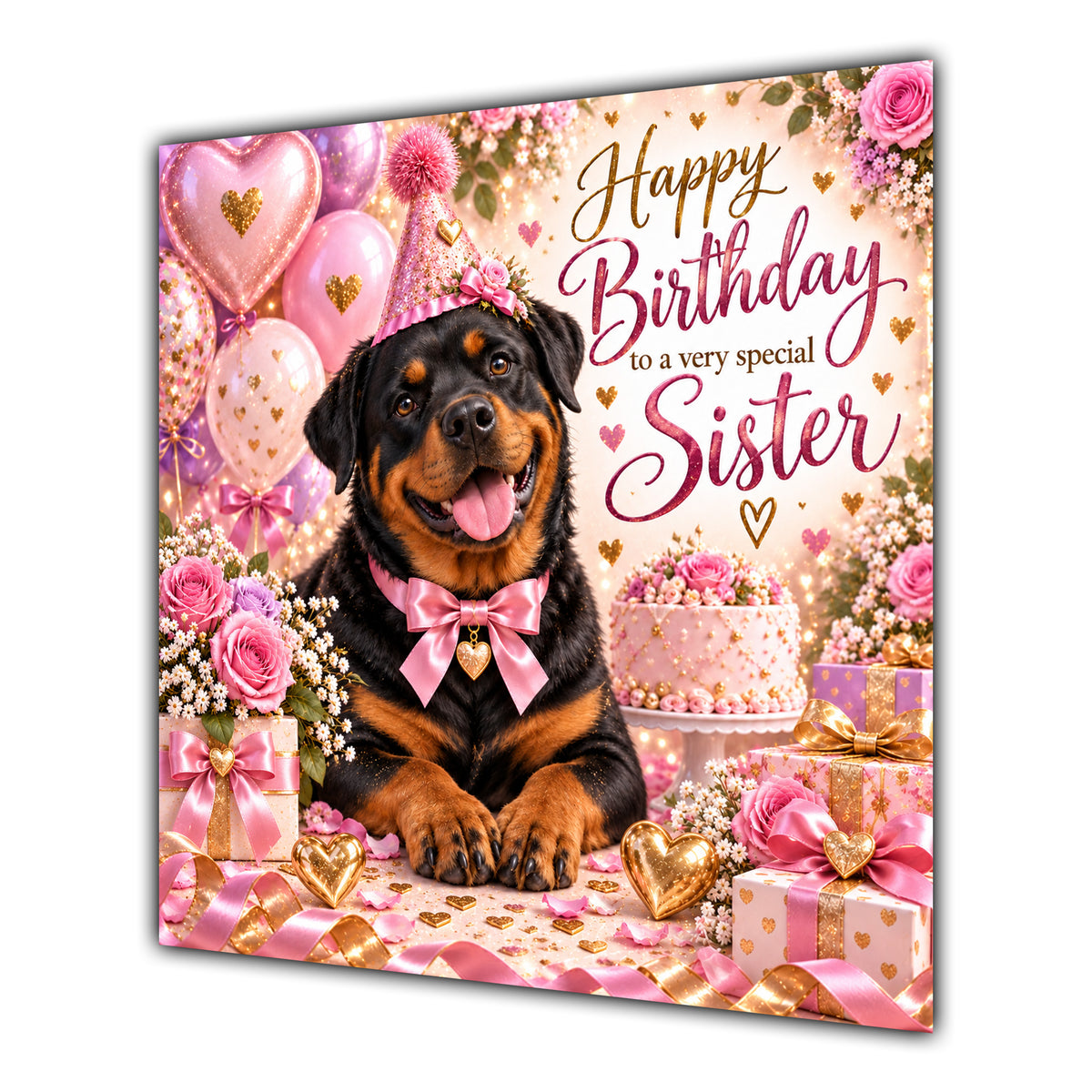 Sister Birthday Card Rottweiler Dog Pink Balloons