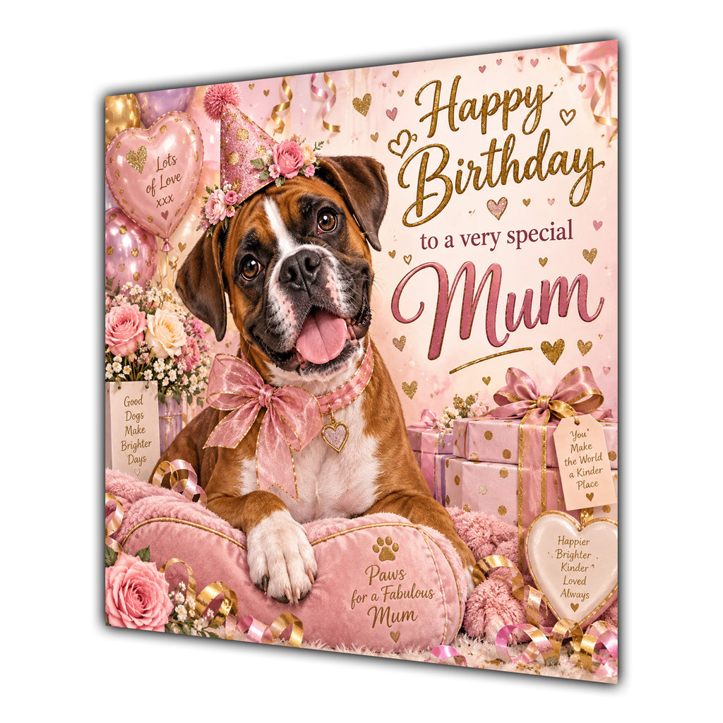 Mum Birthday Card Boxer Dog Pink Balloons