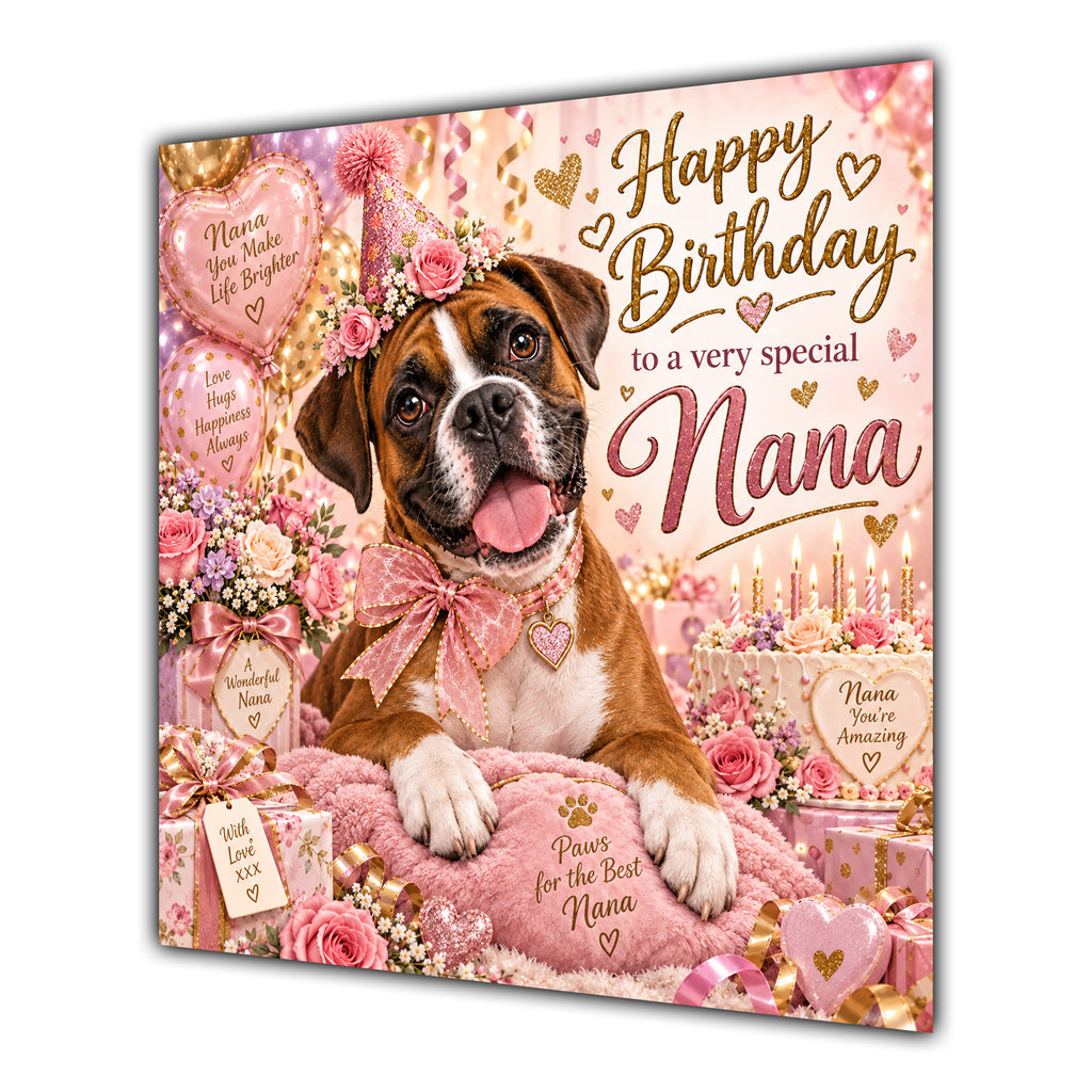 Nana Birthday Card Boxer Dog Pink Balloons