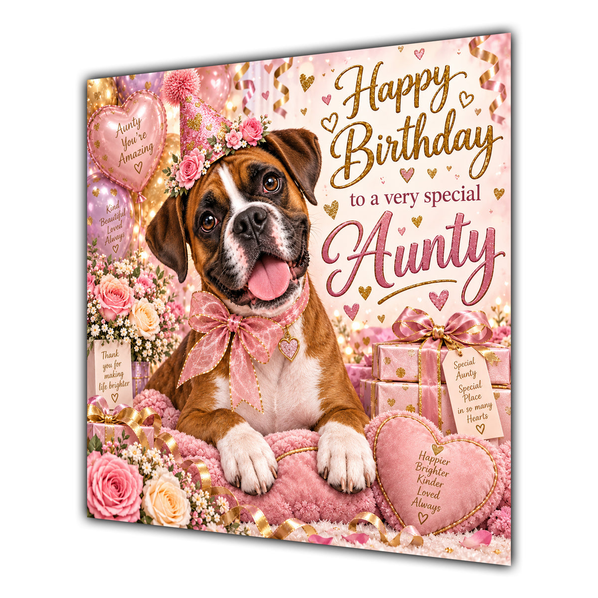Aunty Birthday Card Boxer Dog Pink Balloons