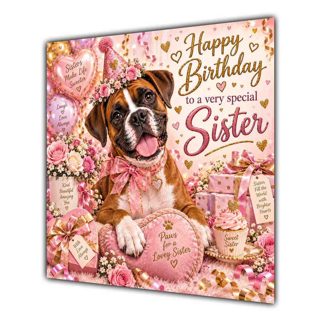 Sister Birthday Card Boxer Dog Pink Balloons