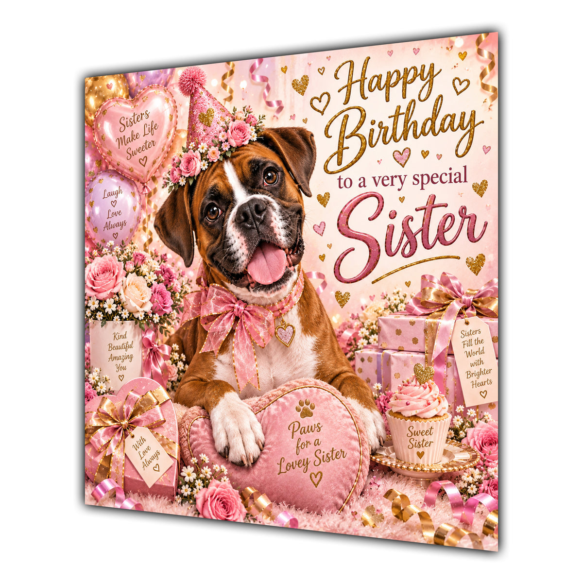 Sister Birthday Card Boxer Dog Pink Balloons