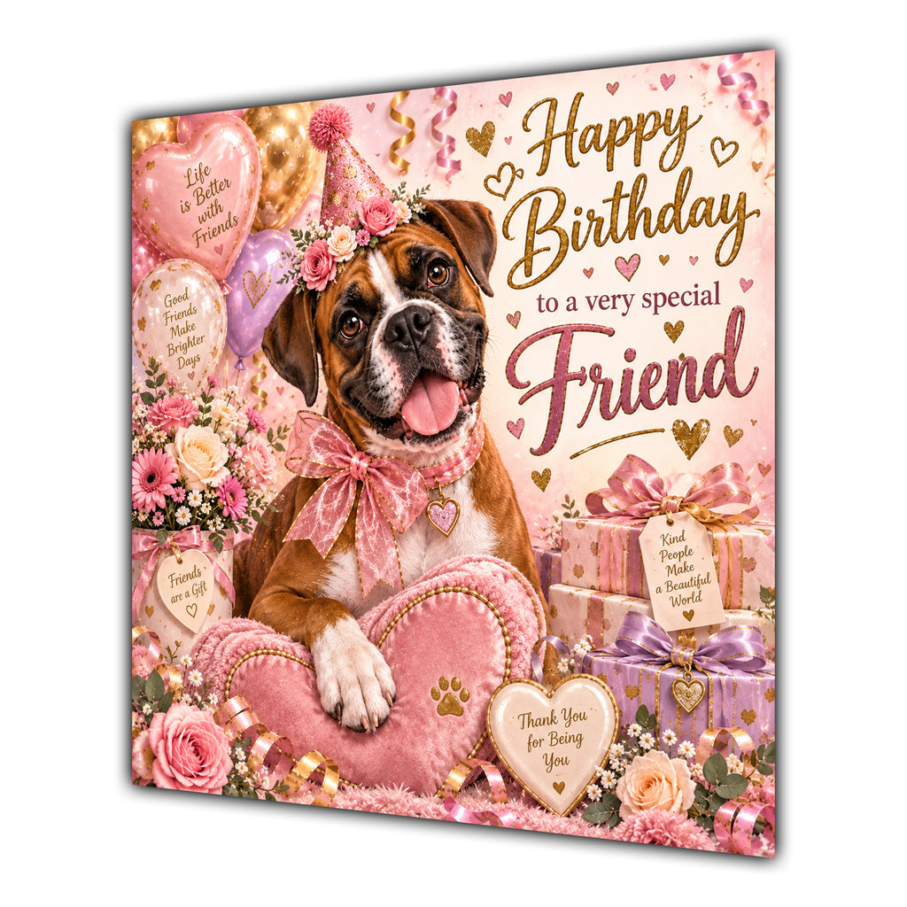 Friend Birthday Card Boxer Dog Pink Balloons