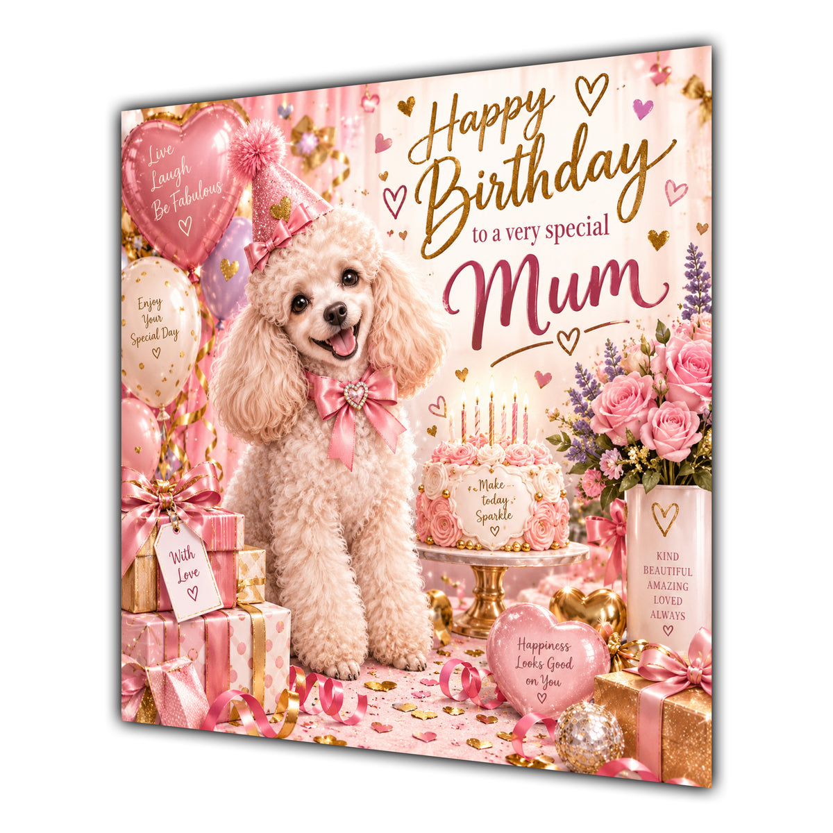Mum Birthday Card Poodle Dog Pink Balloons