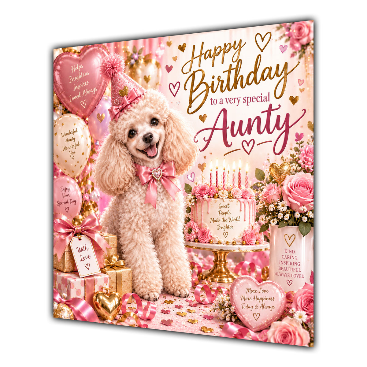 Aunty Birthday Card Poodle Dog Pink Balloons