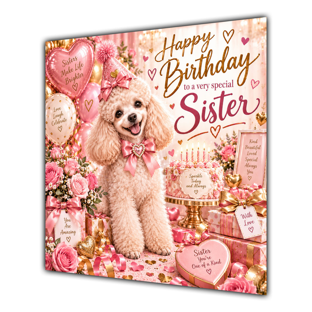 Sister Birthday Card Poodle Dog Pink Balloons