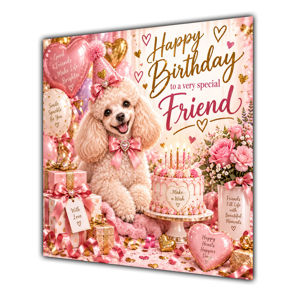 Friend Birthday Card Poodle Dog Pink Balloons