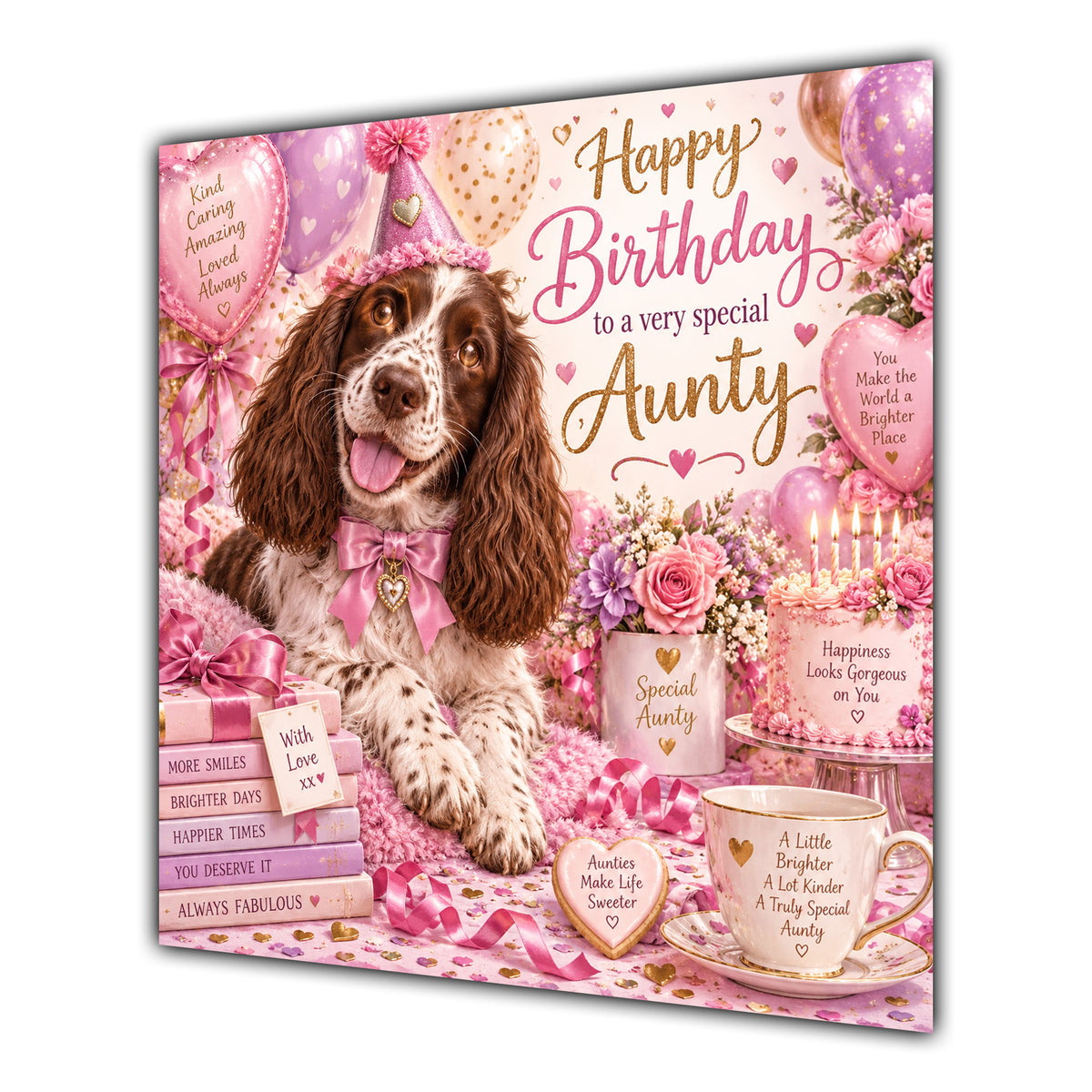Aunty Birthday Card Springer Spaniel Dog Flowers