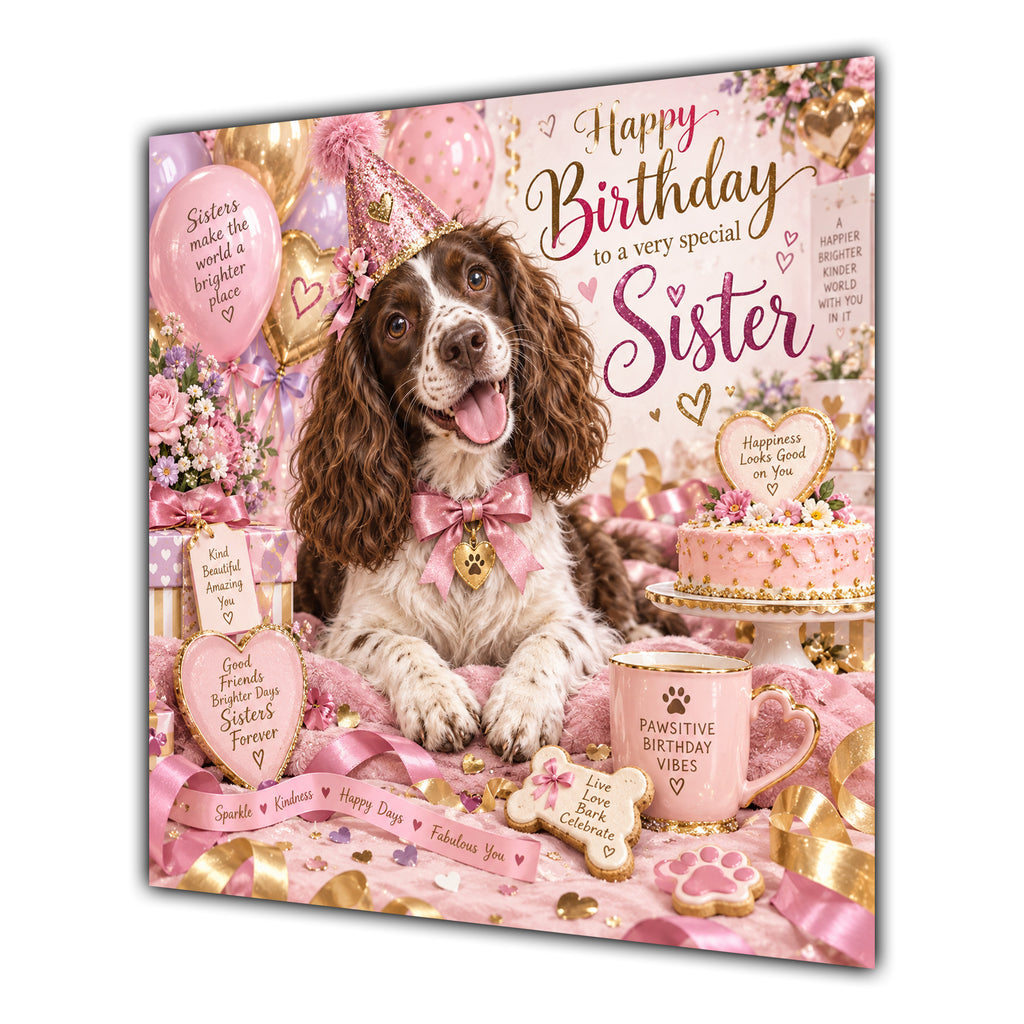 Sister Birthday Card Springer Spaniel Dog Flowers