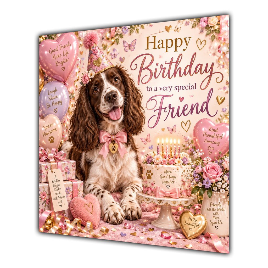 Friend Birthday Card Springer Spaniel Dog Flowers