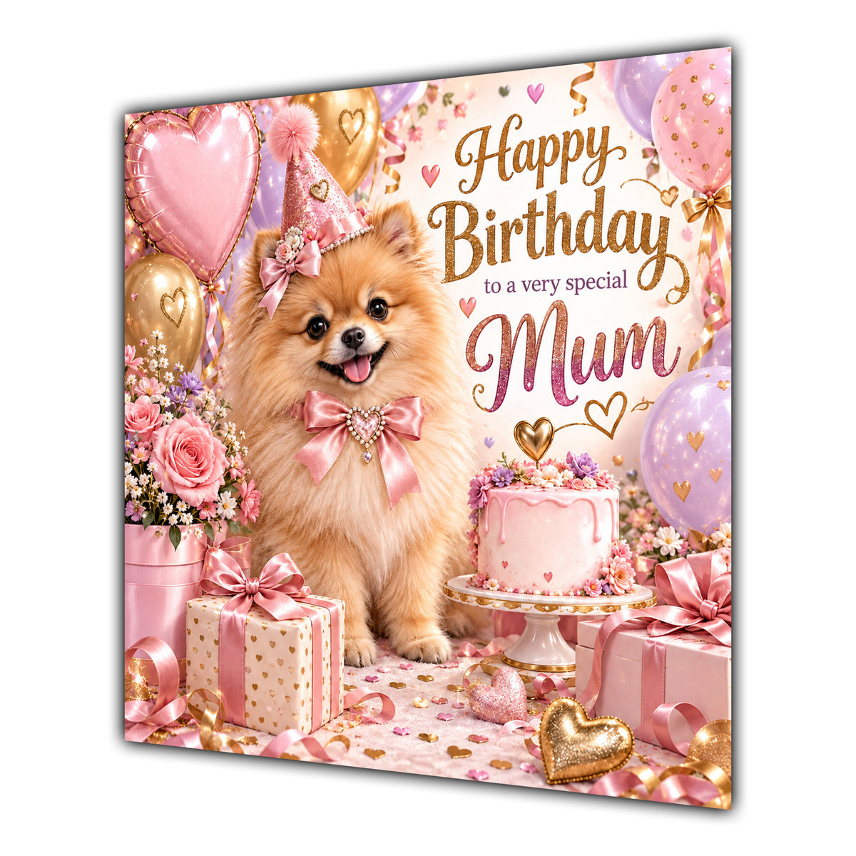 Mum Birthday Card Pomeranian Dog Pink Balloons