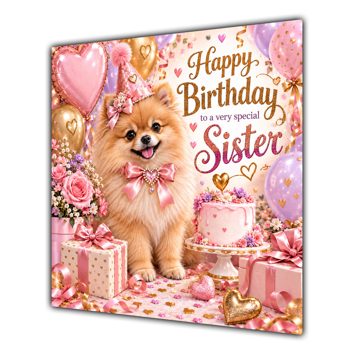 Sister Birthday Card Pomeranian Dog Pink Balloons