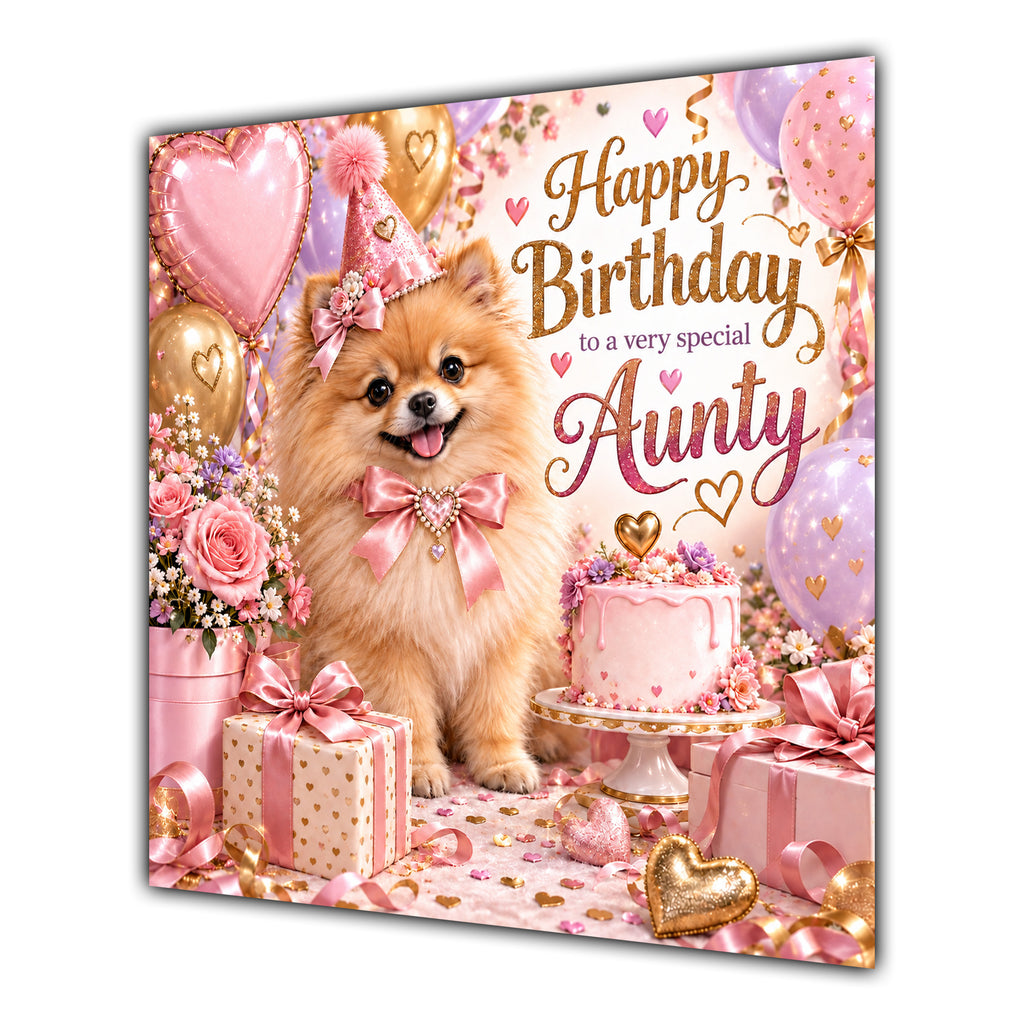 Aunty Birthday Card Pomeranian Dog Pink Balloons