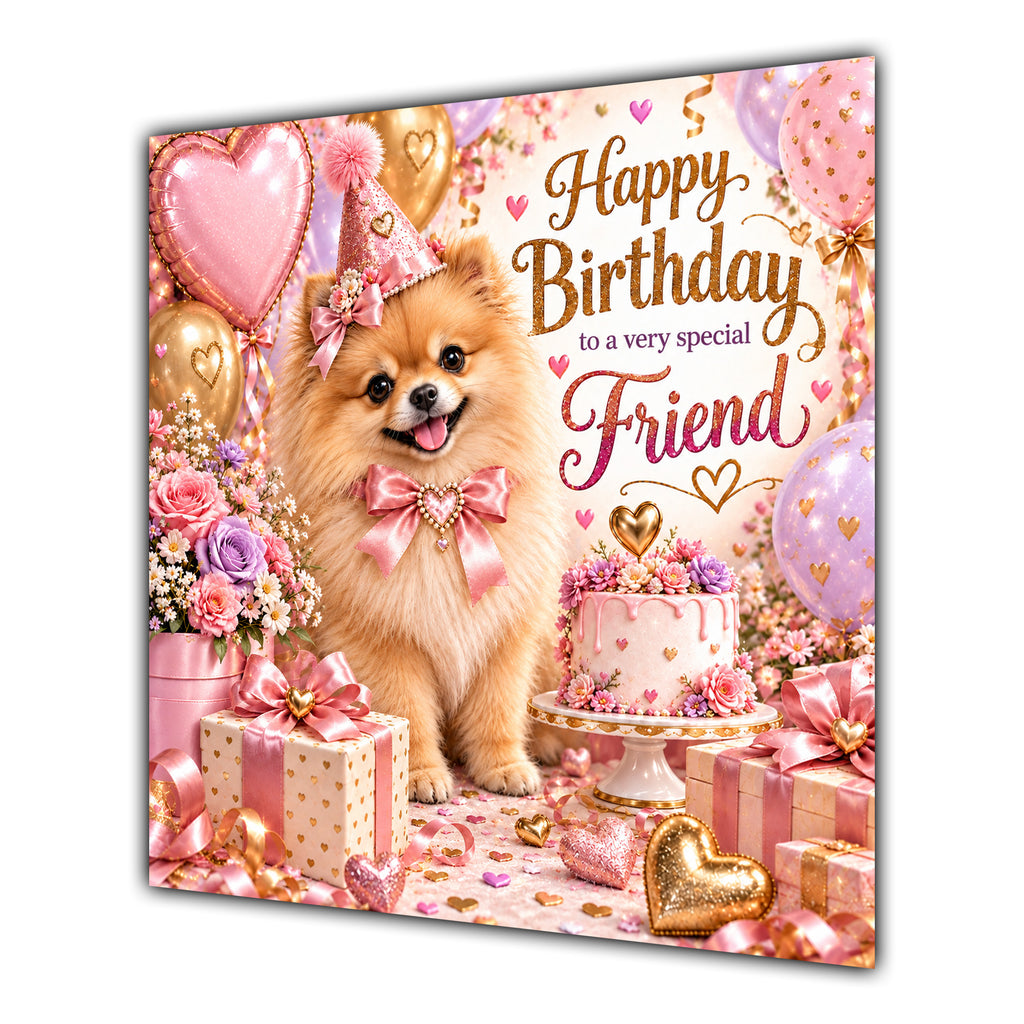 Friend Birthday Card Pomeranian Dog Pink Balloons