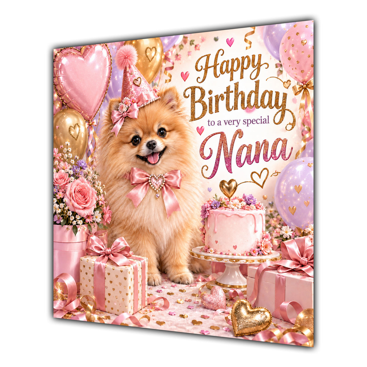 Nana Birthday Card Pomeranian Dog Pink Balloons