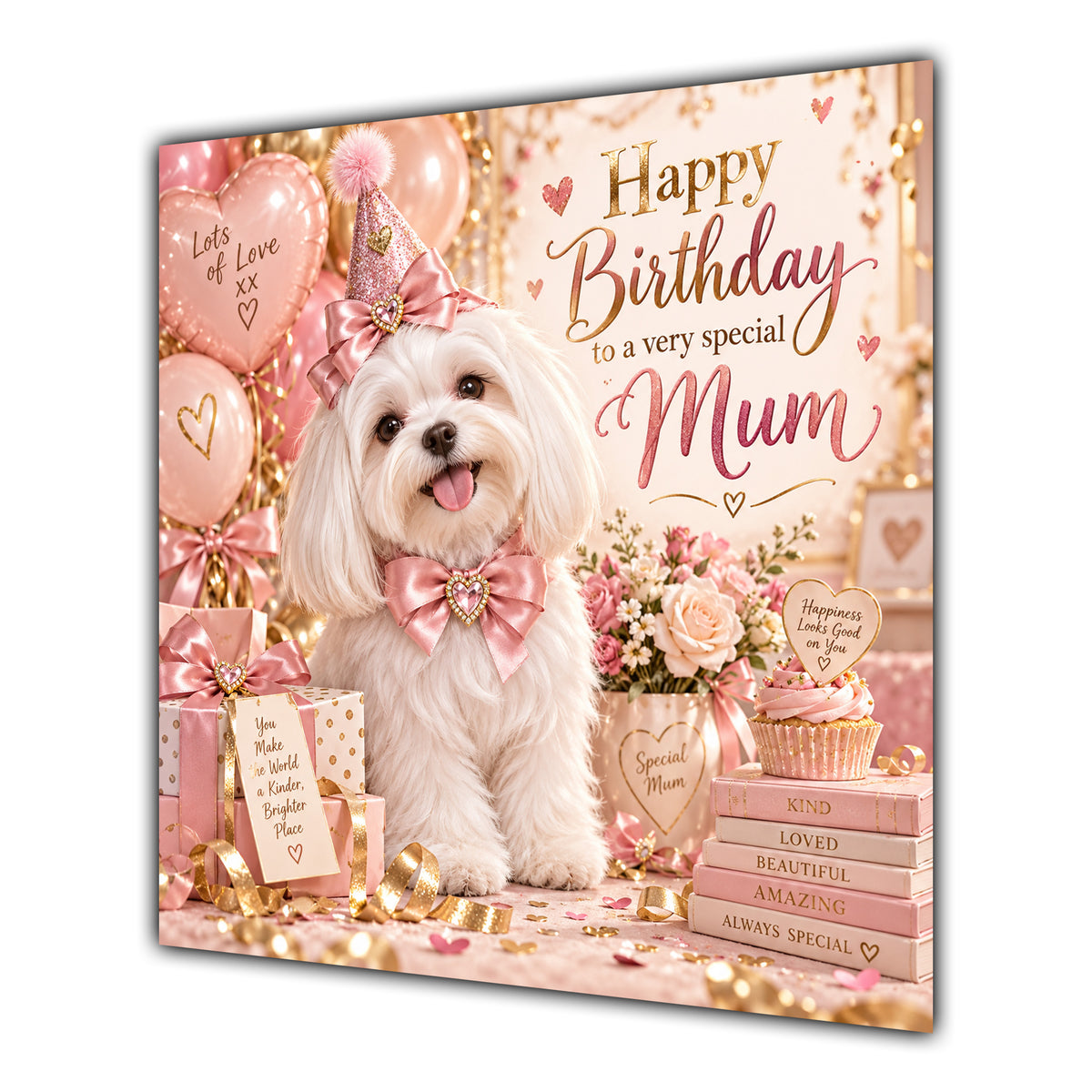 Mum Birthday Card Maltese Dog Pink Balloons